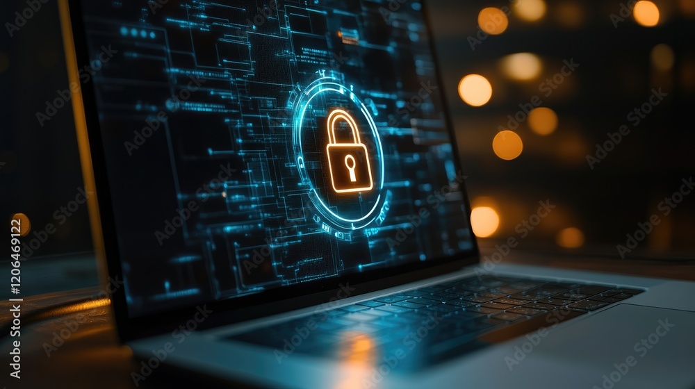 Poster close-up of a stethoscope with a digital lock icon on the laptop screen, symbolizing cybersecurity f