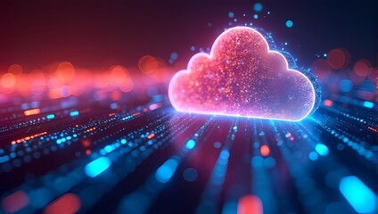 A glowing neon cloud computing interface displaying data management and technology innovation with colorful light trails symbolizing data flow, high-speed internet, and futuristic technology