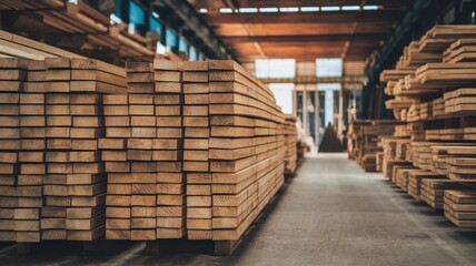 Stacks of freshly cut lumber in a well-lit industrial warehouse, showcasing the richness of the wood grain and organized storage.