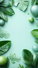 Tropical leaves and spheres creating a vertical green frame on pastel background