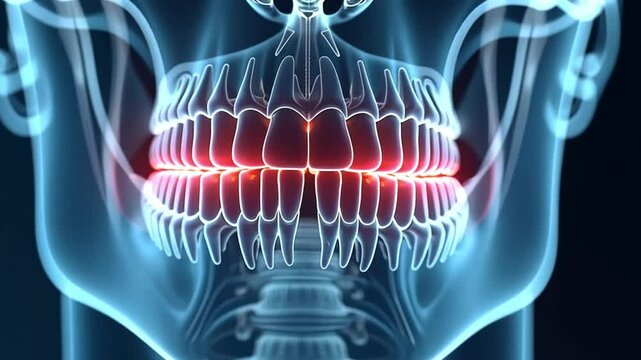 3D x-ray illustration of human oral cavity features, showing teeth, palate, and uvula