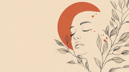 Serene Woman with Closed Eyes, Botanical Line Art, Beige Background, Minimalist Style