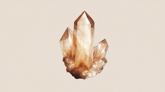 Golden Topaz Crystal Cluster on Beige Background - Minimalist Watercolor Painting