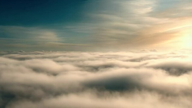 Majestic angel playing trumpet above clouds at sunset