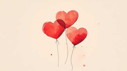 Three Watercolor Heart Balloons Floating - Romantic Valentine's Day Design