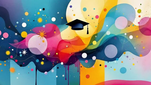 Vibrant abstract graduation cap art with colorful shapes and bright stars