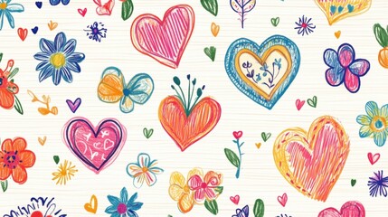Fototapeta premium Colorful Hand-Drawn Hearts and Flowers Pattern - Joyful Spring Design