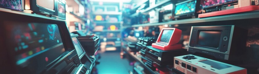 Retro Gaming Museum: Nostalgic Console Collection in a dimly lit arcade