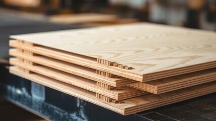 Stack of plywood sheets in a workshop, showcasing smooth surfaces and natural wood grain patterns, highlighting the craftsmanship of lumber materials.