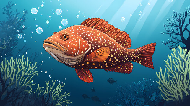 Large brown spotted grouper fish swimming in the ocean depths, large grouper, ocean dweller. Ocean Depths. Illustration