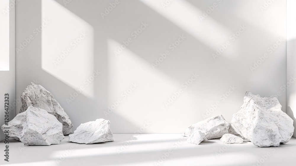 Aufkleber white minimalist interior with rocks and window light creating shadows