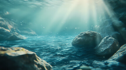 Sunlight beams through blue ocean water with a rocky bottom, out of focus. Ocean Depths. Illustration