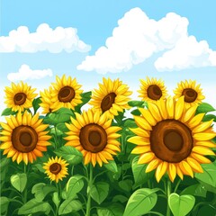 Obraz premium Vibrant Sunflowers Blooming in a Sunny Field Under a Blue Sky with Fluffy Clouds
