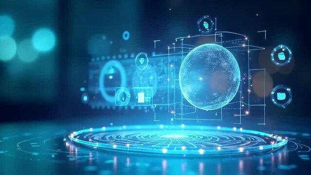 Futuristic tech interface displays a glowing globe with data points on a luminous blue platform