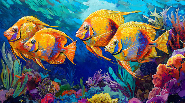 Vibrant schooling tropical fish with queen angelfish in colorful coral reef. Ocean Depths. Illustration