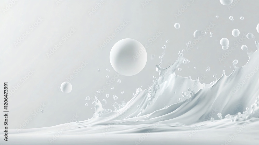 Poster White sphere floating over splashing milk or cream with bubbles