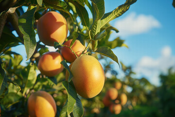 Mangos growing on a Mango tree with green leaves on a Mango farm on a sunny clear blue sky day.