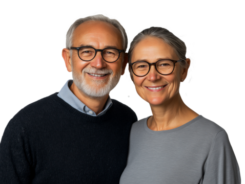 Senior Caucasian couple embracing and smiling, isolated on white transparent background