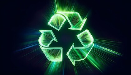 Glowing Green Recycling Symbol with Light Rays on a Dark Background