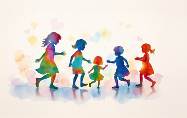 Naklejka premium Five children in colorful silhouettes is playfully interacting against a soft white background creates a lively and joyful atmosphere complemented by subtle heart shapes floating around.