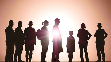 Silhouetted people facing bright light.