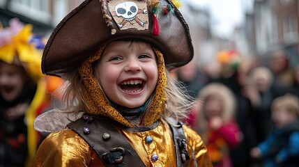 Child in pirate costume joyfully participates in festive parade with colorful crowd in a lively street