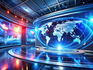 Futuristic Breaking News World Map Broadcast Studio Background Stock Photo