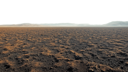Vast expanse of dark brown soil terrain, barren landscape with distant hills, suitable for geological or desert themes, transparent background