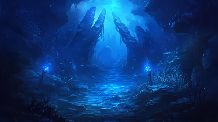 Dark mysterious underwater scene eerie blue light ocean depths creepy;. fathomless. illustration. Ocean Depths. Illustration