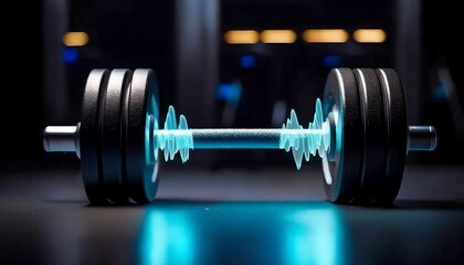 Fototapeta premium A sleek dumbbell with glowing elements rests on a dark surface, evoking a modern, high-tech fitness environment.