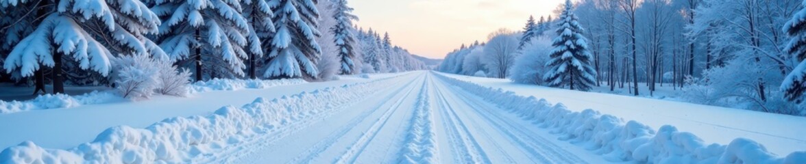 Obraz premium The long stretch of road is covered in thick layer of snow, frost, ice, winter wonderland
