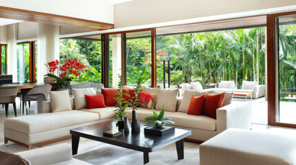 Modern living room with large windows, lush garden view, and vibrant decor