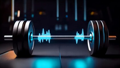 A futuristic dumbbell with a glowing sound wave overlay, symbolizing the fusion of fitness and technology in a modern gym setting.