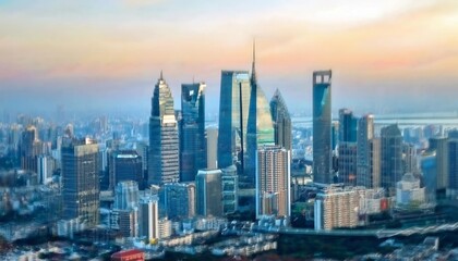 Fototapeta premium A stunning skyline featuring modern skyscrapers under a colorful sunset, showcasing urban architecture and city life.