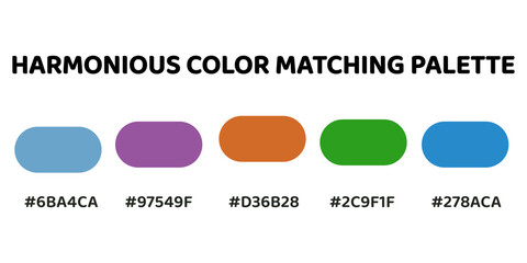 Harmonious color palette with five colors. This palette combines warm and cool tones, balanced and visually appealing aesthetic. Light Steel Blue, Violet, Terracotta, Emerald Green, Cerulean. 35.