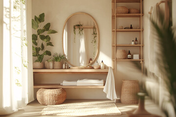 modern minimalist bathroom interior with woven baskets and natural light