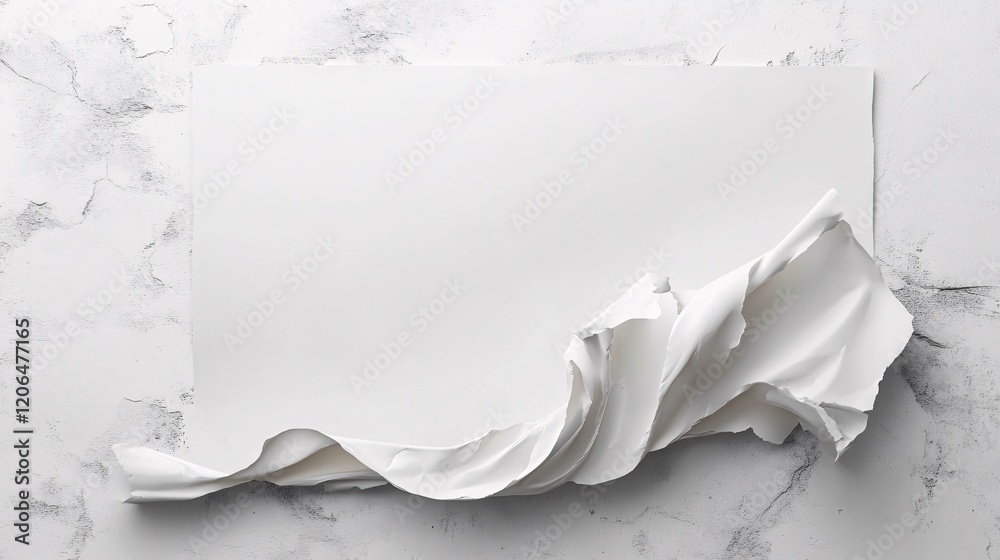 Poster white flowing fabric and blank sheet of paper on white background with copy space