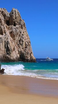 Scenic travel destination Playa del Divorcio, Divorce Beach, located near scenic Arch of Cabo San Lucas and playa Amantes, Lovers Beach.
