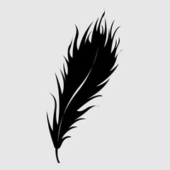 feather vector. A feather is shown in black and white. The feather is long and thin, with a pointed tip. The image has a simple and elegant feel, with the feather being the main focus