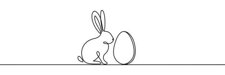 Linear Vector illustration continuous one line drawing of Happy Easter Bunny and egg. Cute rabbit silhouette simple minimalistic style for spring design greeting card and web banner