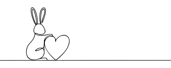 Continuous one line drawing of Easter Bunny and heart. Cute rabbit silhouette with ears and heart in simple linear style for spring design greeting card and web banner.