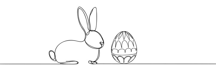 Linear Vector illustration continuous one line drawing of Happy Easter Bunny and egg. Cute rabbit silhouette simple minimalistic style for spring design greeting card and web banner