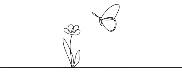 Continuous one line drawing of beautiful butterfly and flower outline vector illustration.