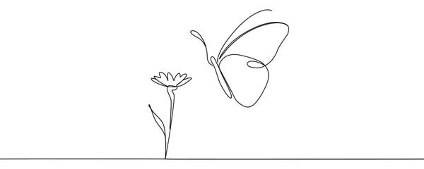 Continuous one line drawing of beautiful butterfly and flower outline vector illustration.
