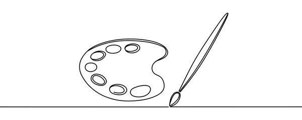 Continuous one line drawing Brush and painting palette with paints. World art day event. Painter profession