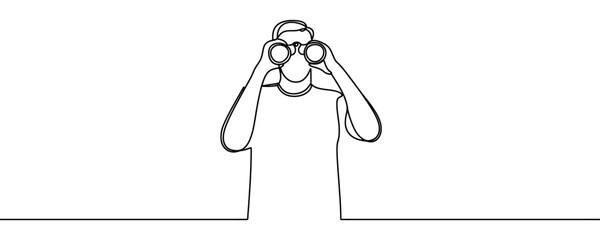 Continuous line drawing of The man looks through binoculars. Search symbol. Template for your design works. Vector illustration.
