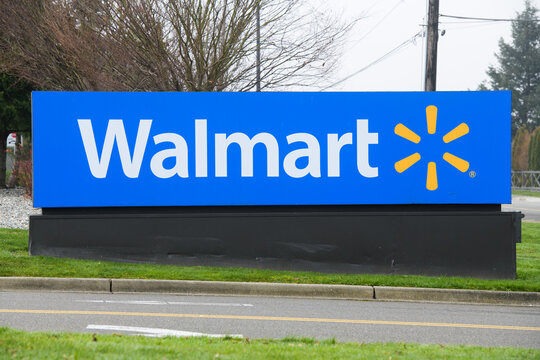 Mount Vernon, WA, USA - January 15, 2025; Business sign for Walmart with logo