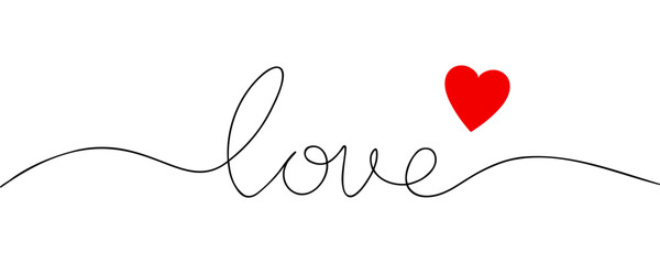 Continuous one line drawing of inscription - love. Valentines Day concept.