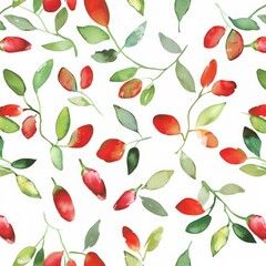 Seamless pattern with watercolor red and green chili peppers drawing illustration 