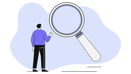 Young male looking through magnifying glass. Concept of searching, finding, information service, Q and A, customer support, find the answer. Vector illustration character.